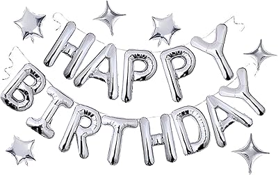 Silver Happy Birthday Balloon Banner, 16 Inch Mylar Foil Letter Birthday Balloons with 6pcs Star Balloons, Birthday Party Decorations for Kids Boys Men Adults Birthday Party Supplies