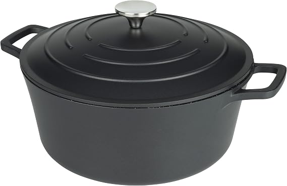 XR-728BK 28cm Cast Aluminium Round Casserole Dish, Suitable for Oven and All Types of Hob, Perfect for Stews and Casseroles, Black