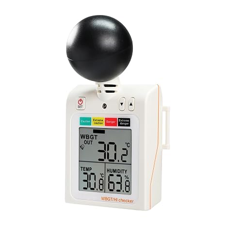 Wearable 2-in-1 WBGT + HI Heat Index Checker Wet Bulb Globe Temperature Heat Stress Meter Air Globe Temperature Humidity Tester with Dangerous Level Indicator Audible Alarm