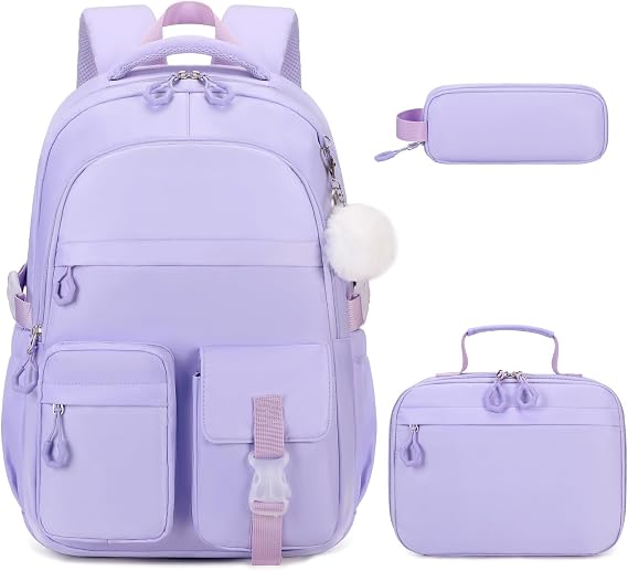 DIGOBAY 3PCS Girls Backpack for School, Kids Backpack for Girls with Lunch Bag Pencil Case, Kids Bookbag Teen Girl Backpacks for Elementary Middle High College School (Purple)