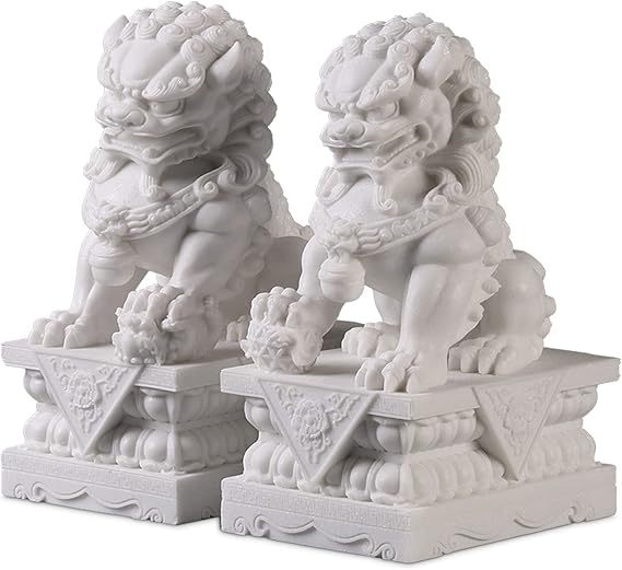 Large Size Foo Dogs Statues Pair Marble Feng Shui Guardian Lion Statues Home Outdoor Asian Decor for entrance,Best Housewarming Congratulatory Decor to Ward Off Evil Energy,White,15cm [Energy Class A]