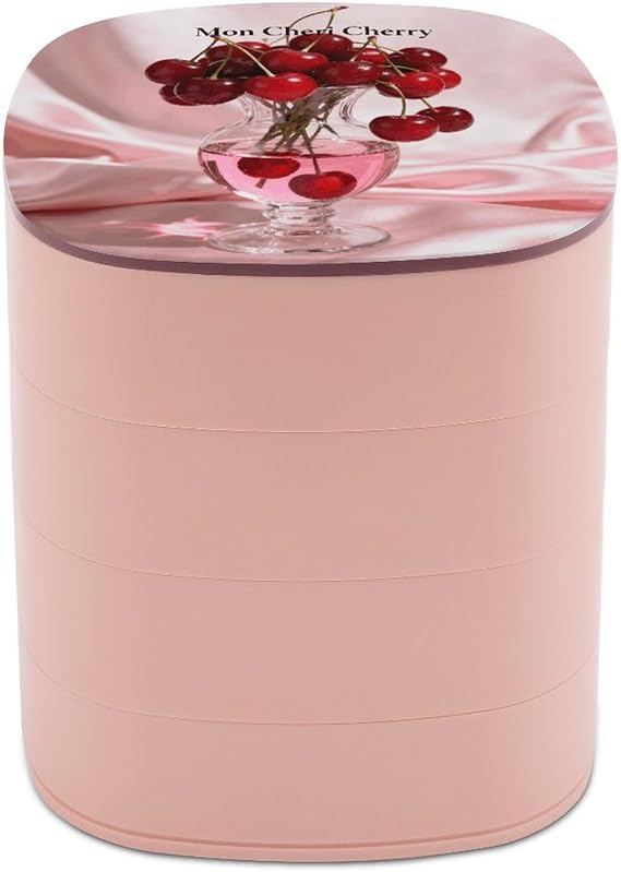 Mon Cheri Cherry Jewelry Box Rotatable Earring Organizer Case Small 360Rotating Jewelry Cases Travel Storage Boxes with 4-Layers for Ring Necklaces Makeup