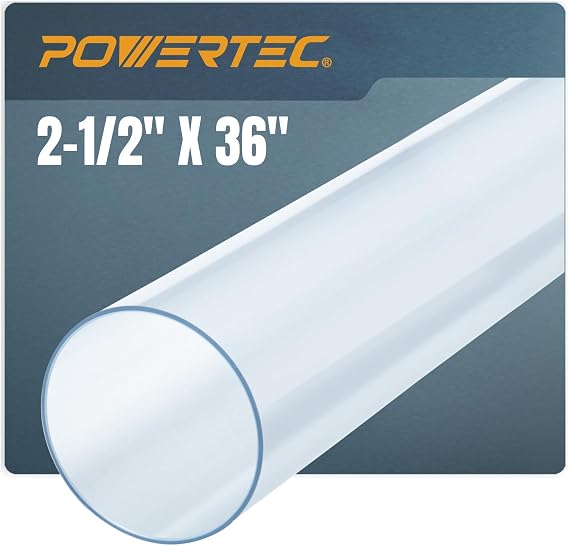 POWERTEC Clear PVC Pipe 2-1/2" x 36" Long, 1PK Rigid Plastic Tubing, Round Tube Compatible w/Dust Collection Fitting, for Woodworking Tool, Dust Collection System, Toy Cars and Bird Feeder (70176V)
