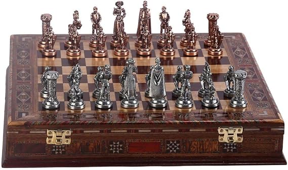 GiftHome Orta Boy Metal İngiliz Satranç Takımı Antik ve El Yapımı Masif Ahşap Sandıklı Satranç Tahtası