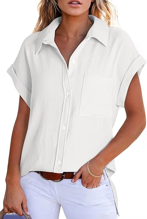 Astylish Women 2025 Summer Tops Short Sleeve Shirts V Neck Button Down Blouse Tunic Tops