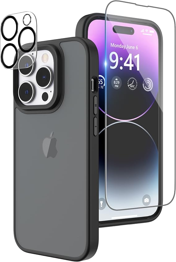 Matte Compatible with iPhone 14 Pro Max Case with Screen Protector, Full Body Shockproof Case with Camera Protector Translucent Matte Protective Slim Phone Case 6.7 inch, Black