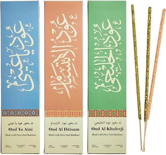 Arabian Oudh Incense Sticks by Dukhni 90 Premium Agarwood Oud Sticks | 3 Assorted Oudh Fragrances | Organic & Charcoal Free Incense I Long-Lasting Fragrance for Home, Meditation & Relaxation