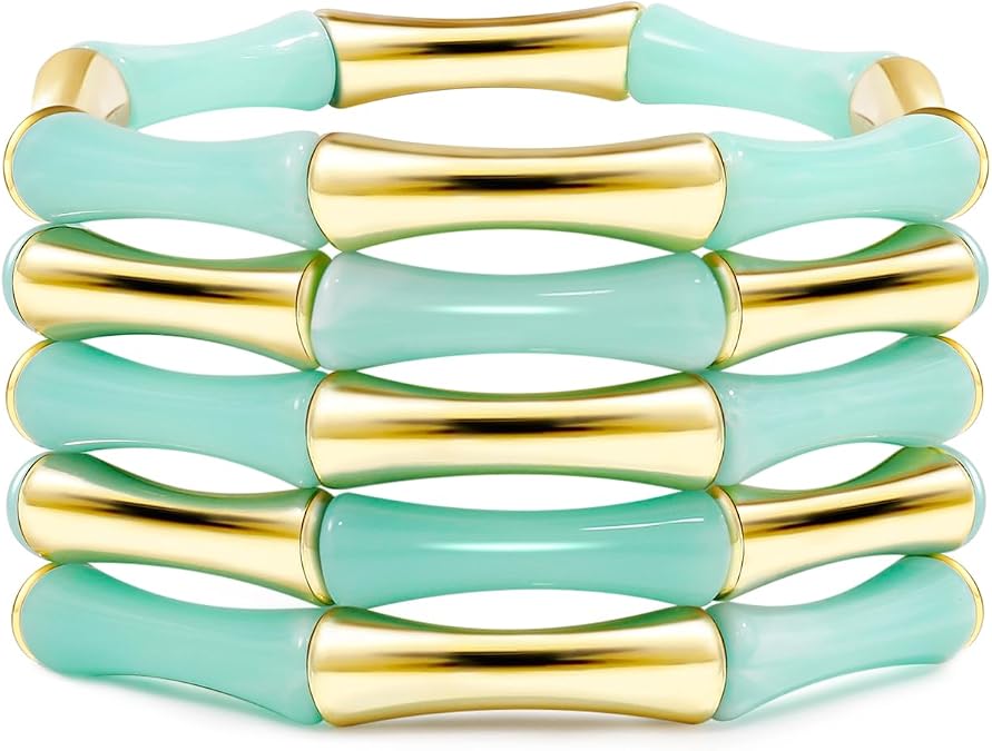 Gold Tube Bangle Bracelets for Women Stackable Bamboo Chunky Acrylic Beads Stretch Friendship Summer Beach Bracelet Jewelry