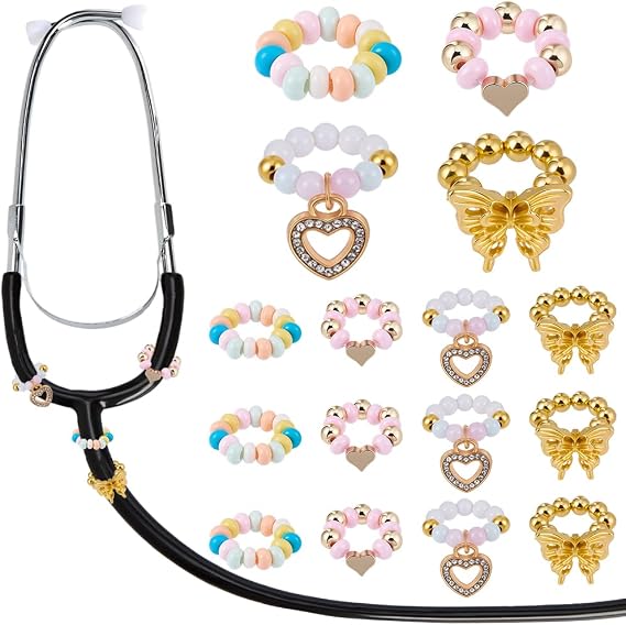 16Pcs 4 Styles Heart Stethoscope Charms Stethoscope Name Tag ID Cute Sparkle Gold Butterfly Heart Colorful Bead Custom Name Tag Accessories for Women Doctor Nurse Healthcare Workers Gifts