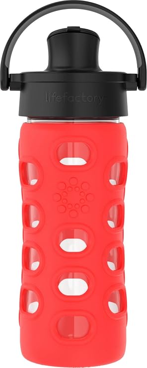 Lifefactory 12 oz Glass Water Bottle with Active Cap, Apple Red | Protective Silicone Sleeve, Spout Cap, Carry Handle, BPA Free, Reusable, Dishwasher Safe