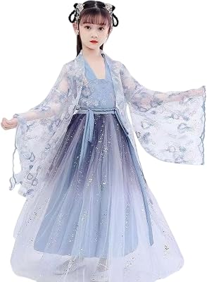 Traditional Chinese Hanfu Dress Set for Girls, Blue Tang Dynasty Princess Dress with Floral Tulle