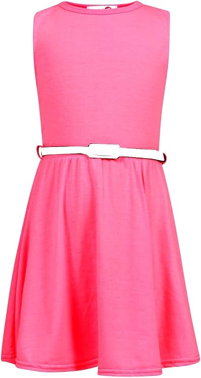 Fashion Oasis Big Girls' Spring Summer Sleeveless Skater Dress with Belt 7-8 Years Fuchsia