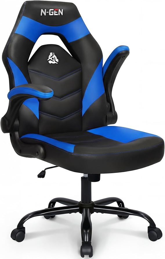 N-GEN Gaming Gaming Chair, Lumbar, PU Leather, Flip-Up Arms, Classic Blue