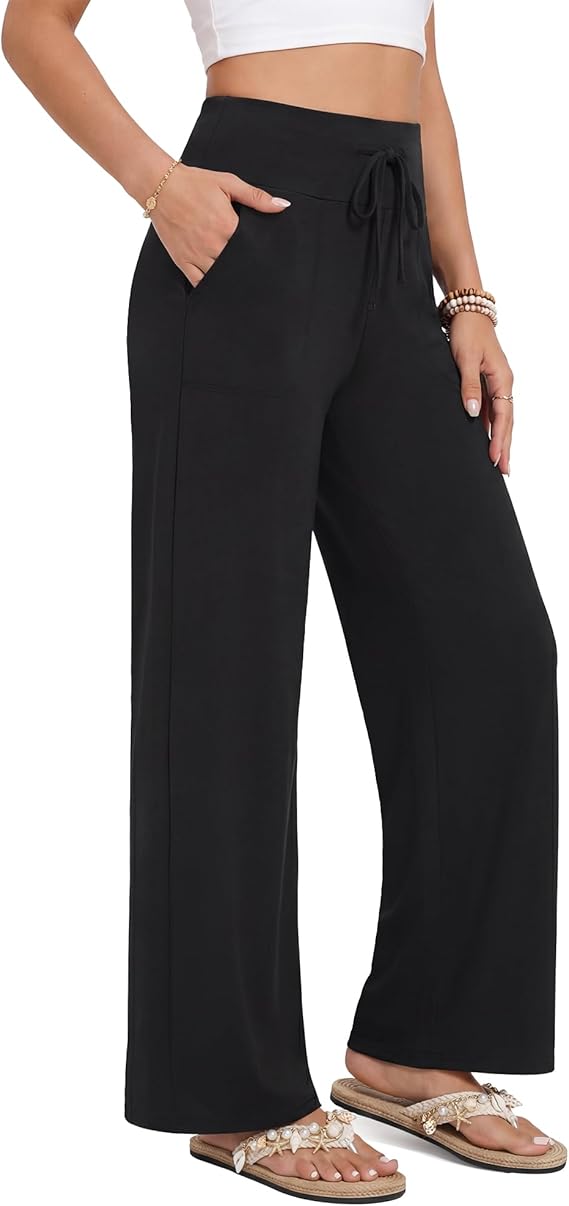 ZOOSIXX Capri Pants for Women - Wide Leg Loose Casual Trousers with Pockets Summer High Waisted Drawstring Pants