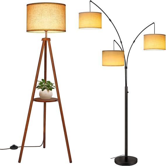 OUTON Wood Tripod Floor Lamp with Shelves and Arc Led Floor Lamp