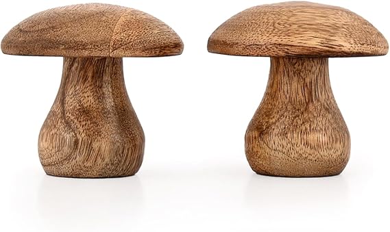 Statues Mushroom Figurines – Set of 2 – Handcrafted Wooden Sculptures for Home Décor, Farmhouse Accent, Table Display (4" X 4" X 4")