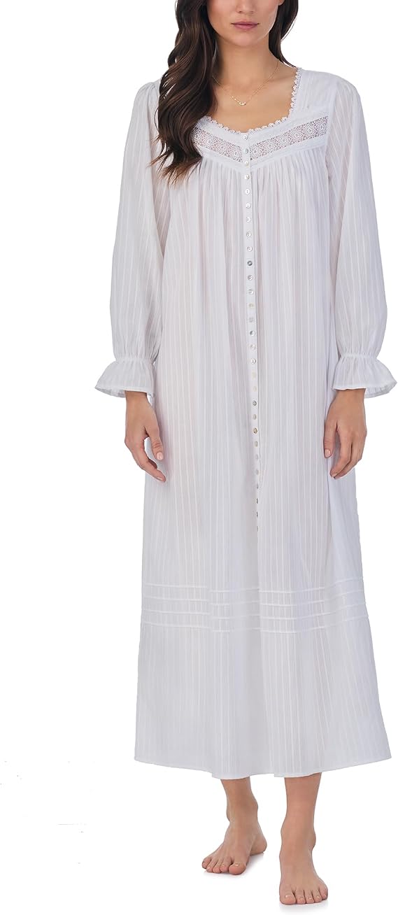 Eileen West Sleepwear & Loungewear for Women - Dobby Stripe Collection - 100% Cotton Longsleeve Full-Length Robe Nightgown