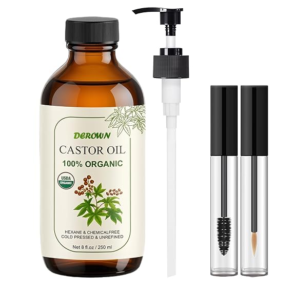 8Oz Organic Castor Oil Cold Pressed Hexane Free, USDA Organic 100% Pure For Lashes, Brows, Hair & Skin Includes Glass Bottle with Pump Mascara