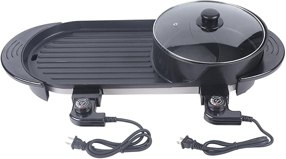 1100W Electric Hot Pot with Grill, Shabu shabu Hotpot Korean BBQ Grill Indoor 2 in 1 Multifunction Non-Stick Home Barbecue Pan, Separate Dual Temperature Control for 1-6 People Family Dinning