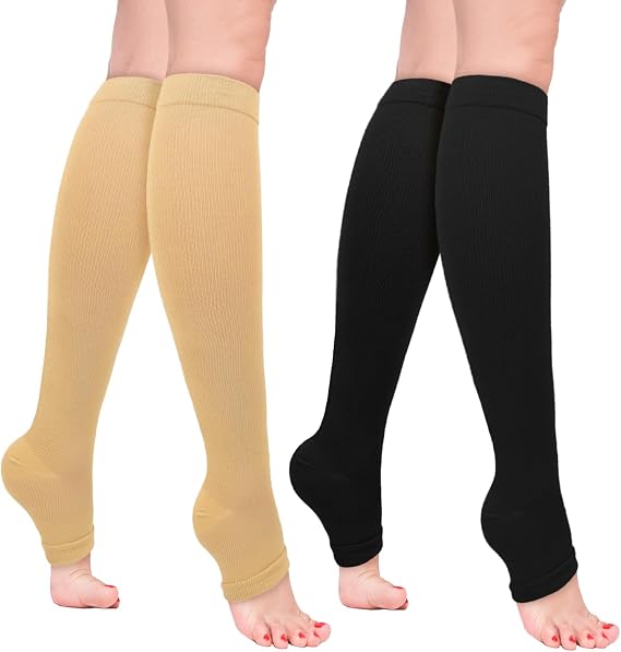 Sahunfri 2 Pairs Open Toe Compression Socks Women Men, 20-30 mmHg Flight Compression Socks for Women, Toeless Pressure Socks for Calf Support