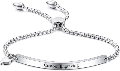 INBLUE Personalized Bracelet Engraving Name Date for Women Custom Stainless Steel Bangle with Adjustable Link Chain Heart Tag Bridesmaid Best Friend Jewelry Gifts