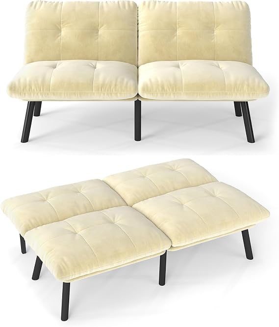 Futon Sofa Bed Velvet Futon Couch with Adjustable Backrest, Small Convertible Folding Sleeper Sofa Bed, Modern Loveseat for Living Room, Bedroom and Small Space (Cream)