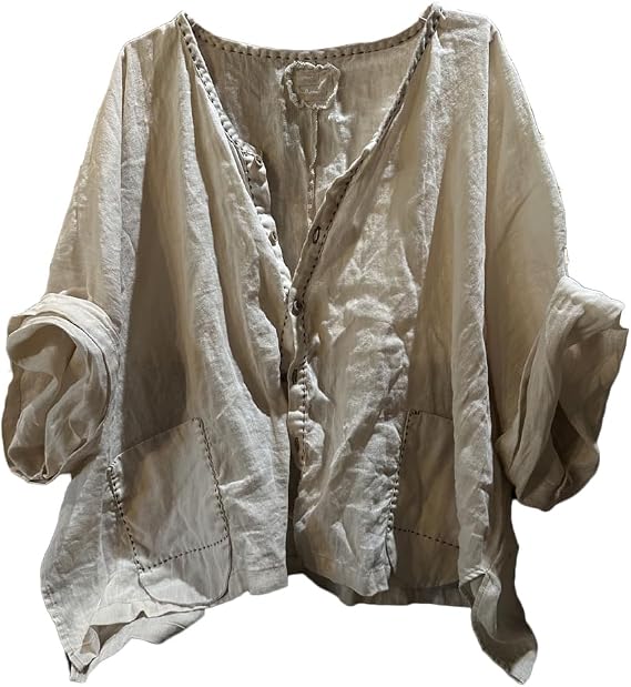 NFYM Womens Button Down Plain Linen Shirt Casual Half Sleeve Handmade Sewing Loose Fit Short Shirt Blouse