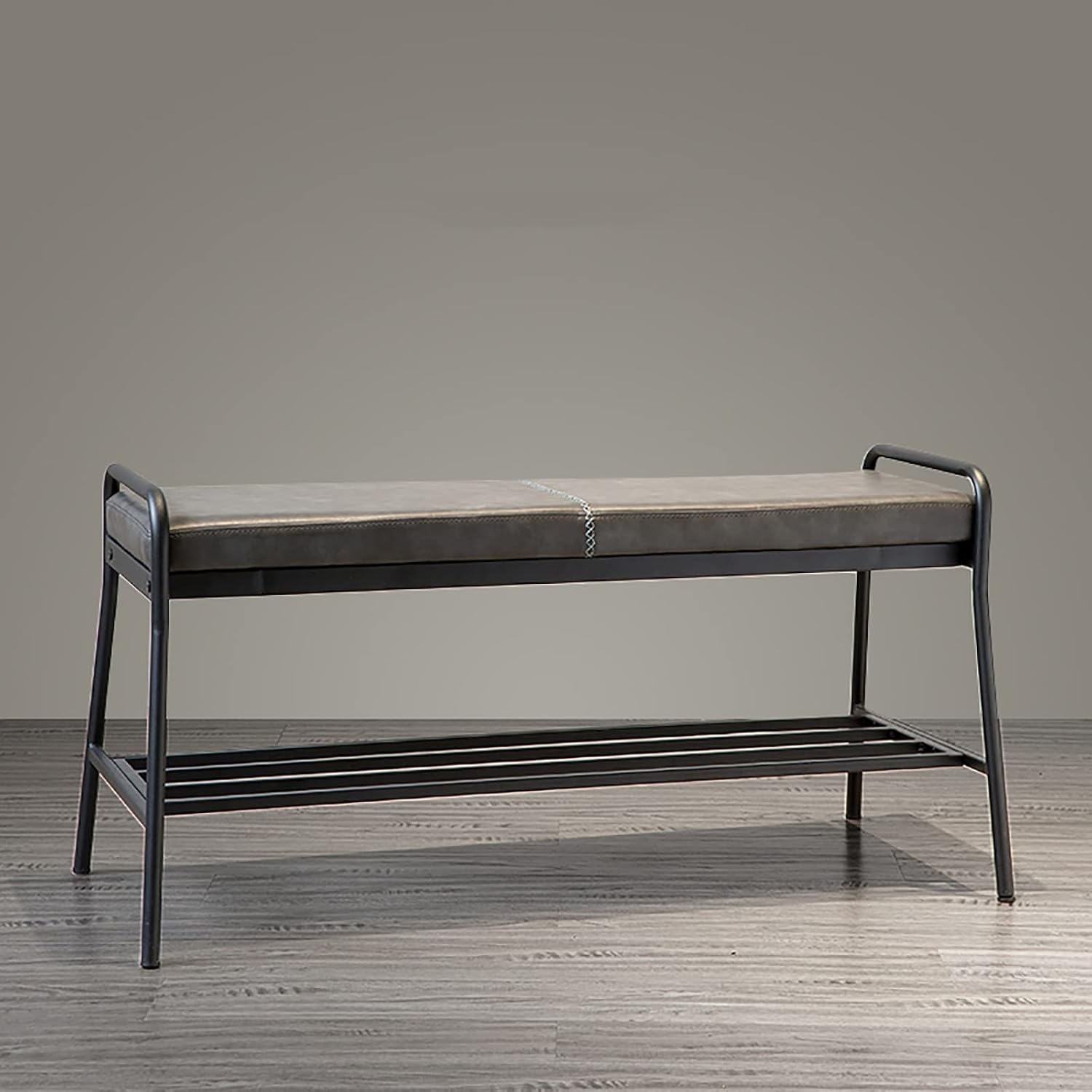 ③-Tie Metal Shoe Rack Storage Shelf,Rustic Shoe Storage Bench With Leather Seat,Industrial Shoe Rack Bench,Modern Entryway Bench For Living Bedroom-Grey 93x31.5x45cm(37x12x18inch)