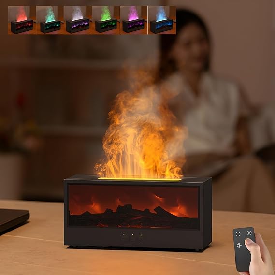 Essential Oil Diffuser, Flame Fireplace Aromatherapy Diffuser, 150ML Ultrasonic Cool Mist Humidifier with 7 Colors Light, Timer and Auto-Off for Home Room Office