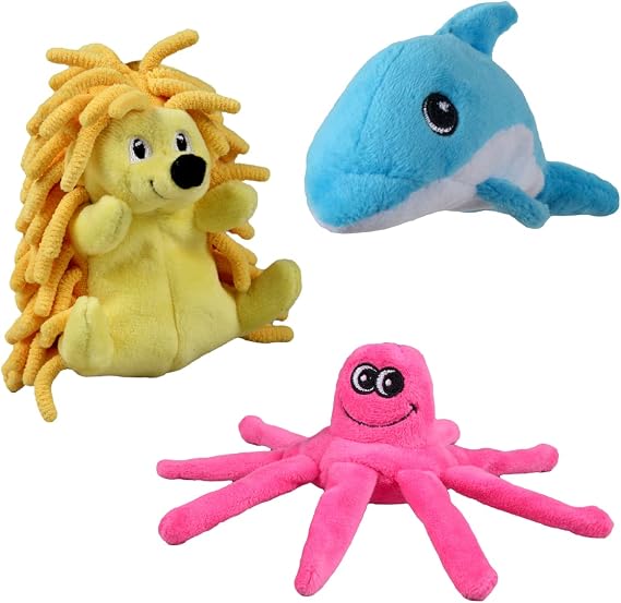 SmartPetLove Snuggle Puppy Tender-Tuffs Tiny Hedgehog, Clownfish, and Dolphin Plush Dog Toys Bundle - Tough Marine Animal Squeaky Toys