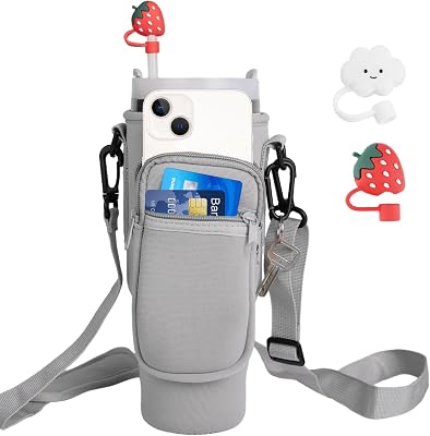 Water Bottle Carrier Bag for Stanley 4030oz Tumbler - Neoprene Holder Pouch With Phone Pocket, Adjustable Strap, 2 Straw Covers & Carabiner - Stanley Cup Accessories