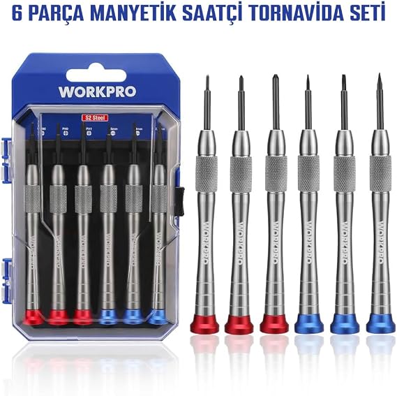 WORKPRO WP200549 Profesyonel Saat Tornavida Seti, 6 Parça, S2 Manyetik, Elektronik Onarım