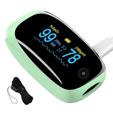 Fingertip Pulse Oximeter with Respiration Rate Monitoring, PI & RR Measurements, Rechargeable Blood Oxygen Monitor with Heart Rate and Fast Spo2 Reading, Pulse Ox with OLED Display, 6 View Modes & Auto-Rotating Screen (Green)