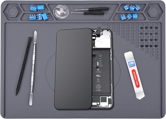 MMOBIEL Silicone Soldering & Repair Mat Heat Resistant up to 932F (500C) Non-Slip Magnetic Workbench Mat for Soldering, Electronics, Computer & DIY Projects (Grey, 16 x 11.5 inch (Magnetic))