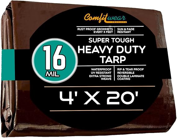 16 MIL Heavy Duty Tarp - Multi-Purpose Extra Heavy Duty Tarps - Car, Boat, Camping - General Purpose Waterproof Tarp Cover (4' X 20', Brown)
