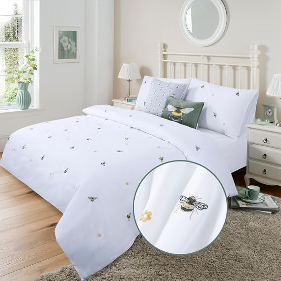Double Duvet Cover Bee Embroidered White Bedding Cotton Duvet Cover Sets | Embroidery Cute Breathable Quilt Cover with 2 Pillowcases for Double Bed 200x200 cm 3 Pieces Duvet Set