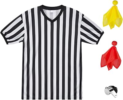 Referee Shirt Womens Men Referee Costume 4pc with Umpire Jersey Uniform Referee Flags Whistle for Football Halloween