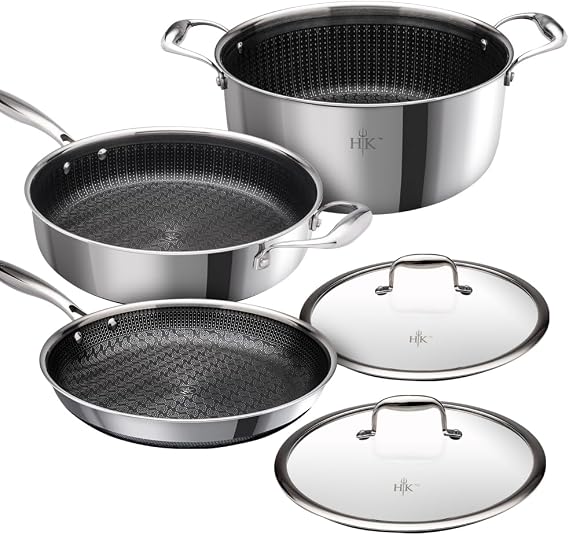 Hells Kitchen 5-Piece Hybrid Cookware Set, Tri-Clad Stainless Steel & PFAS-Free Ceramic Nonstick, no PFOA, no PTFE, no Teflon, Non Toxic Cookware, Metal Utensil Safe, All cooktops & Oven Safe | Tri Clad Stainless Steel, PFAS Free Ceramic Nonstick, No PFOA Or PTFE, Metal Utensil Safe, All Cooktops, Oven Safe