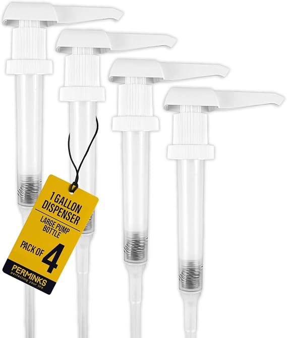 PERMINKS 1 Gallon Pump Dispenser - Gallon Pump for Shampoo, Detergent, Lotion & Body Wash, Liquid Dispenser Pump for Condiments, Syrups & Flavorings, Pump Dispenser for Epoxy, Glue and Paints - 4 Pack