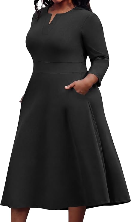 Runwind Plus Size Midi Dress for Women Casual Cocktail Church 3/4 Sleeve V Neck Work A-Line Dresses with Pockets