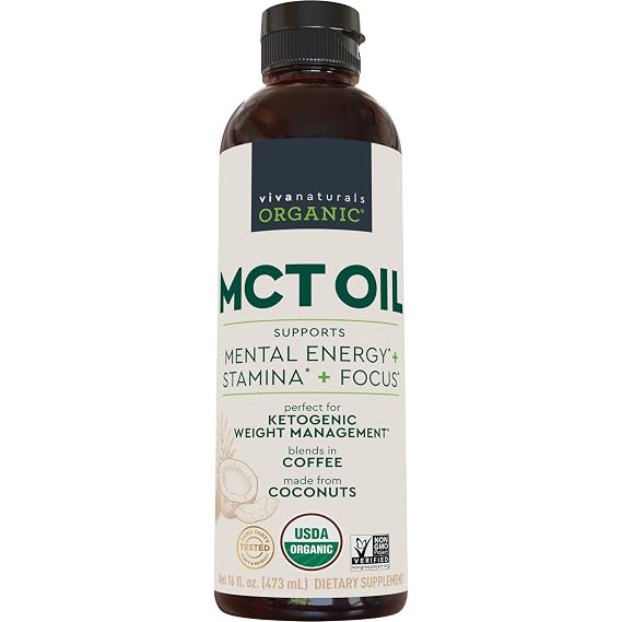 Viva Naturals Organic MCT Oil, 16 fl oz MCT Oil for Coffee, USDA Organic, Non-GMO, Paleo Certified & Keto Friendly, Supports Energy & Mental Clarity