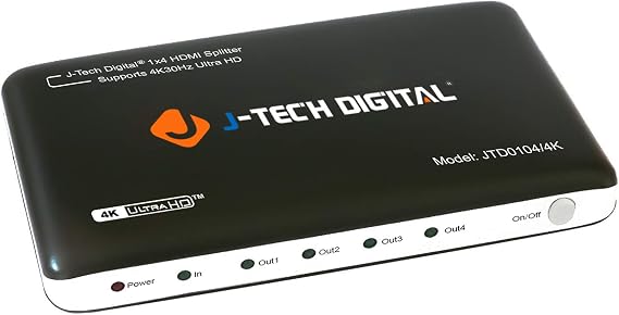 J-Tech Digital HDMI Splitter 1X4 4K@30Hz Most Advanced 4 Ports HDMI Powered Splitter Support Ultra HD 3840 A 2160 Resolution and 3D