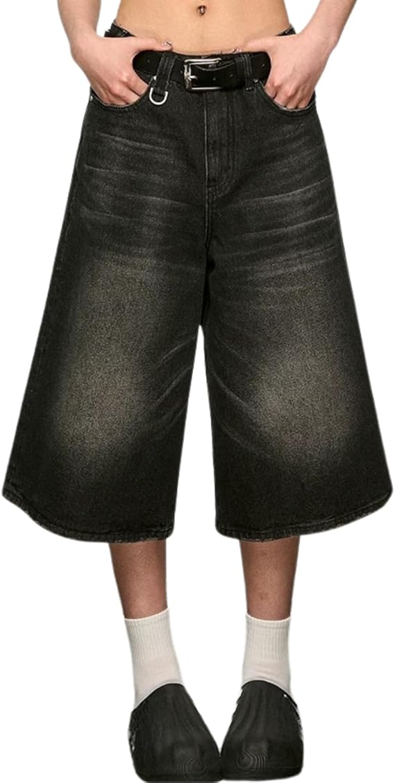 Jorts Women's & Men's Black Denim Shorts Jean Shorts Y2k Style Long Jorts Wide Leg Baggy with Pockets