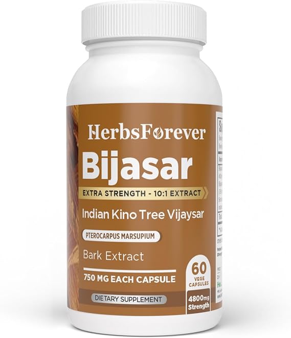 HerbsForever Bijasar(Indian Kino Tree, Malabar Kino)-Extra Strength(10:1) Extract,Equiv.to 4800mg Bark Powder Per Serving-Liver Support & Detox Blood Sugar & Purity|10% Tannins|60 Veg Capsules|800mg
