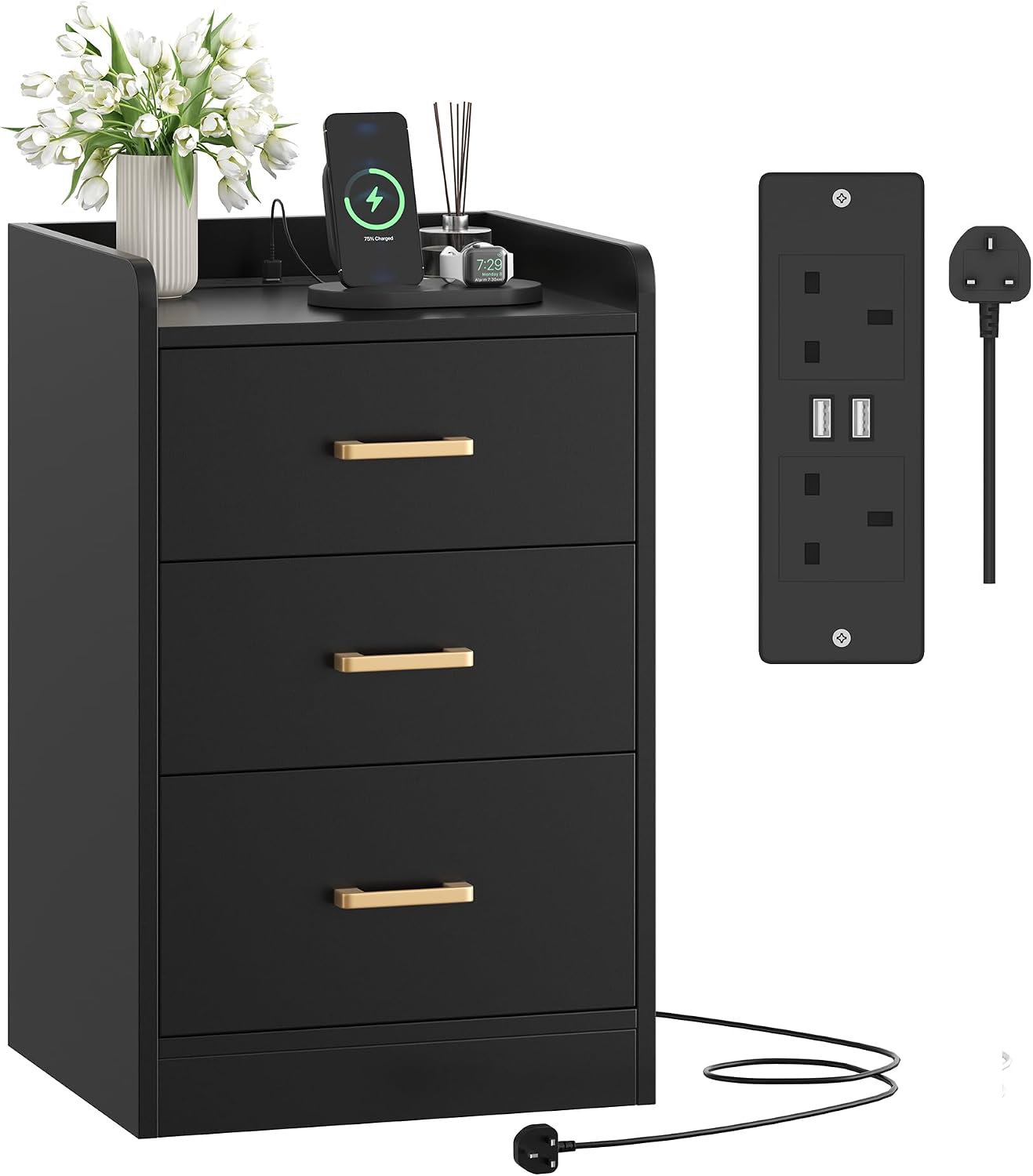 FirFurd Bedside Table with Charging Station, Bedside Cabinet Nightstand with 3 Drawers, 2 AC Outlets 2 USB Ports, Baffle, Black Side End Table for Bedroom Living Room 40x38x66cm