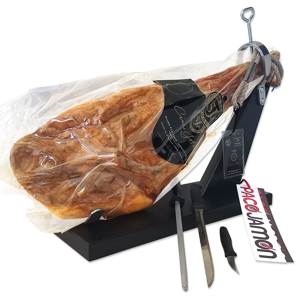 Jamón Ibérico de Bellota Cinco Jotas 5J, 100% Raza Ibérica,  Jamonero Profesional  Cuchillo Jamonero Profesional ARCOS  Cuchillo Mondador ARCOS  Chaira  DVD Guía, Importado de España