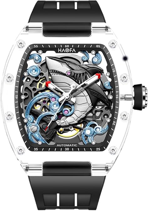 Haofa 3D Carved Shark Mechanical Watch for Men Automatic Hollow Transparent Glass Case Watch Waterproof Luminous Mens Watch 2322