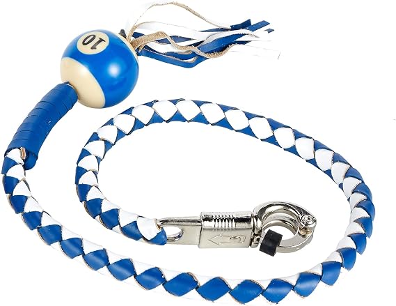 GARGOYLE BELLS Genuine Leather Motorcycle Whips 36" Get Back Whip with Fringes and Ball, Heavy Duty Biker Whips Handlebar Accessories for Motorbike(White&Blue, 36")
