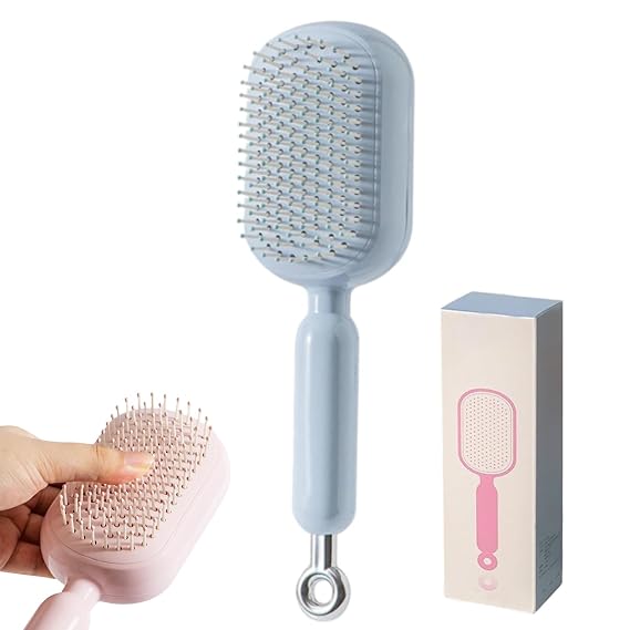 Retractable Cushion Massage Comb, Self Cleaning Hair Brush, Retractable Hair Brush, Anti Static Massage Comb for Women (Blue)
