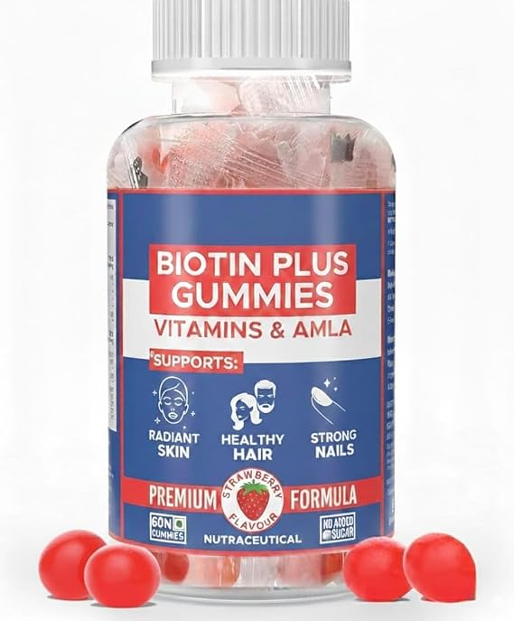 Biotin Hair Gummies for Women, Men | No Added Sugar | for Healthy Hair Growth, Skin Glow & Strong Nails | Strawberry Flavor Veg Gummy Bear Supplement - 60 Count (Pack of 1)